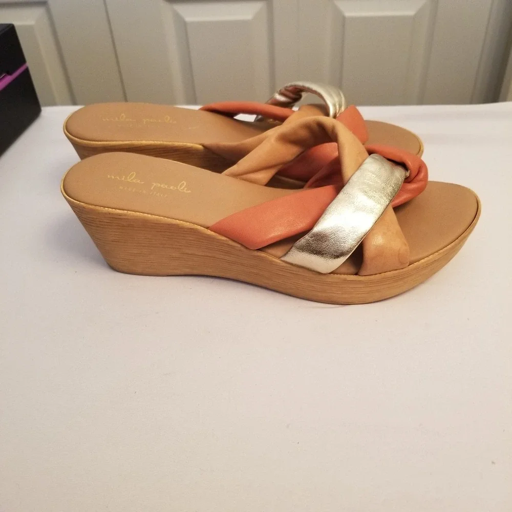 Milla Paoli Italian Leather Platform Wedge Sandals Metallic Silver Peach Tan 9